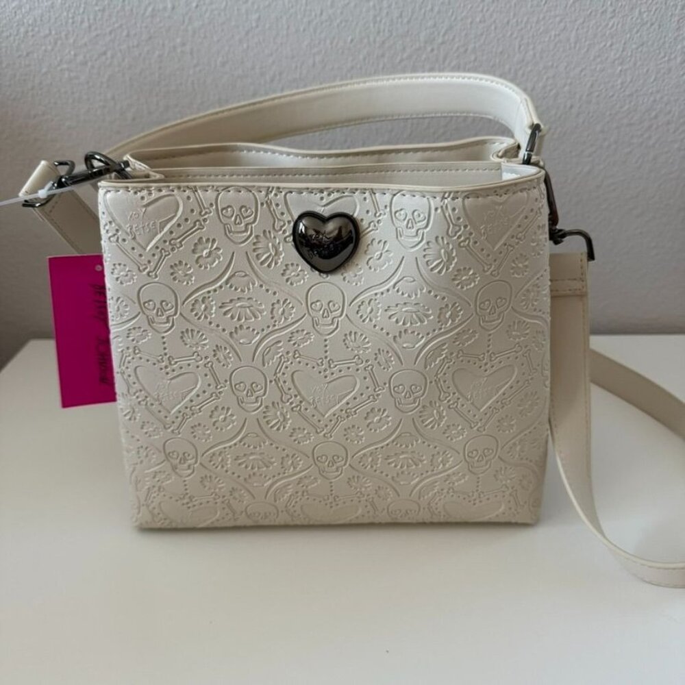 Betsey Johnson Cream Embossed Skull & Heart Crossbody Bag With Adjustable Strap